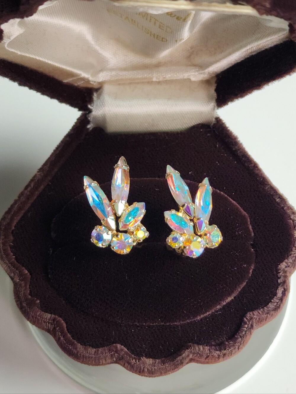 Vtg signed SHERMAN Aurora Borealis clip-on earrings